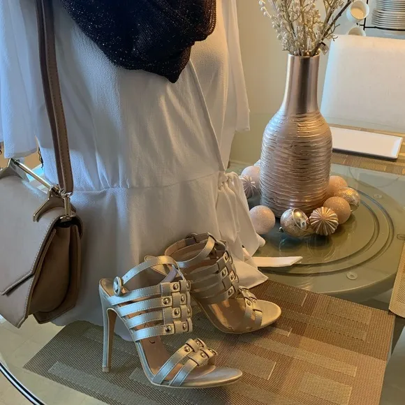 Metallic Open Toe Strappy Studs Heels