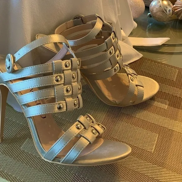 Metallic Open Toe Strappy Studs Heels