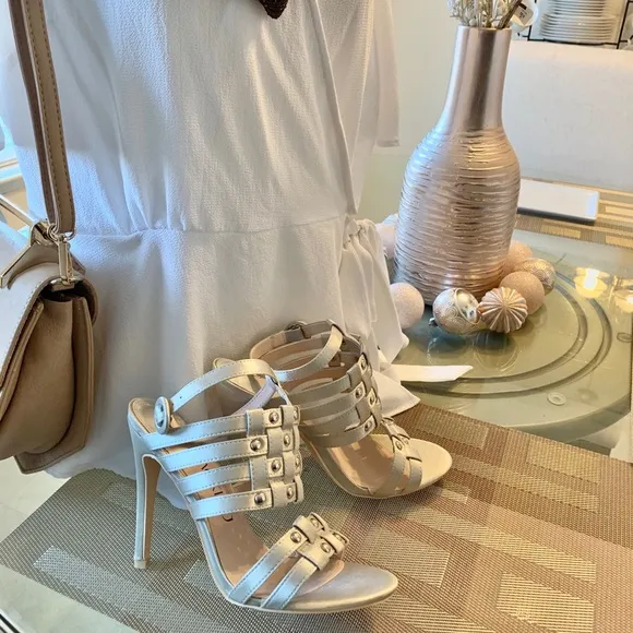 Metallic Open Toe Strappy Studs Heels