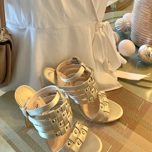 Metallic Open Toe Strappy Studs Heels