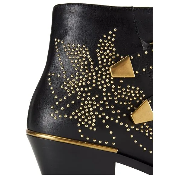 Metallic Studded Buckle Strappy Pointed Toe Ankle Boots - Black