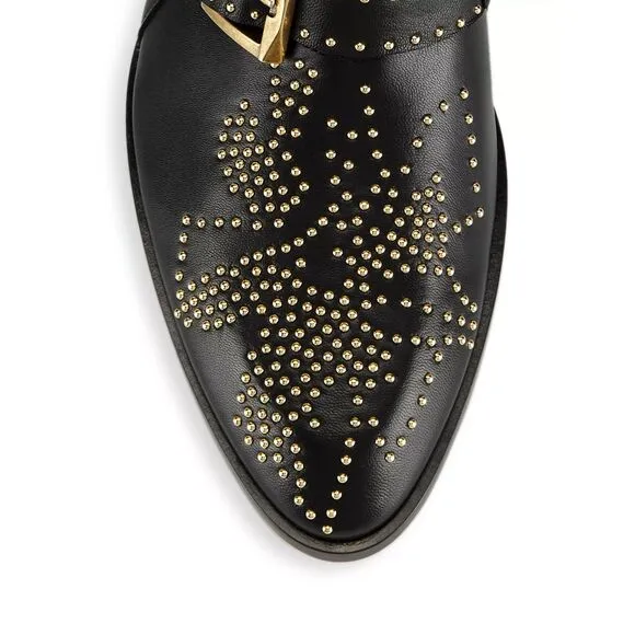 Metallic Studded Buckle Strappy Pointed Toe Ankle Boots - Black