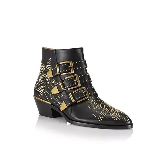 Metallic Studded Buckle Strappy Pointed Toe Ankle Boots - Black