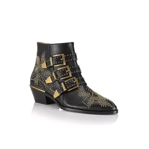 Metallic Studded Buckle Strappy Pointed Toe Ankle Boots - Black