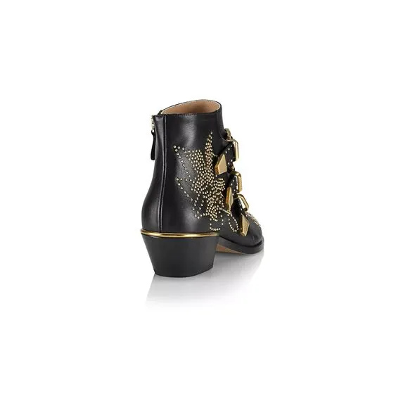 Metallic Studded Buckle Strappy Pointed Toe Ankle Boots - Black