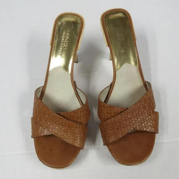MICHAEL KORS Amelie Mule Sandal Sz 9 Luggage Brown Leather Wood Heel Slide Shoes