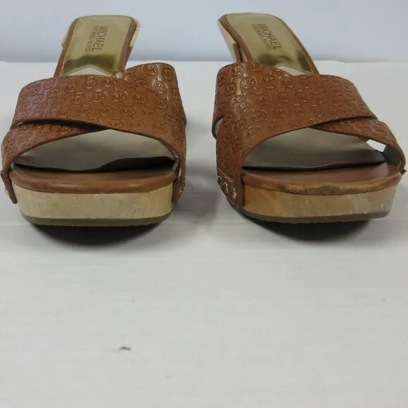 MICHAEL KORS Amelie Mule Sandal Sz 9 Luggage Brown Leather Wood Heel Slide Shoes