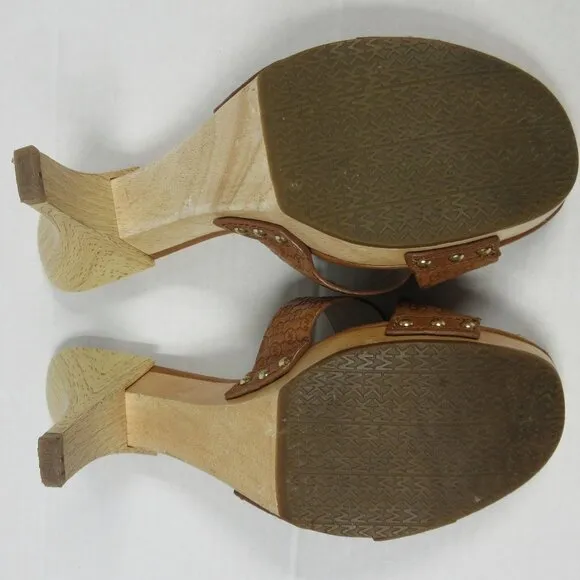 MICHAEL KORS Amelie Mule Sandal Sz 9 Luggage Brown Leather Wood Heel Slide Shoes
