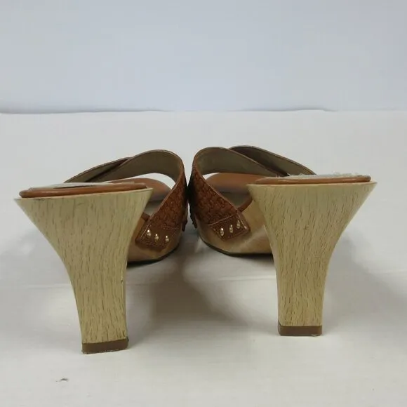 MICHAEL KORS Amelie Mule Sandal Sz 9 Luggage Brown Leather Wood Heel Slide Shoes