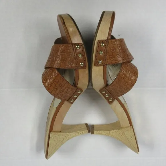MICHAEL KORS Amelie Mule Sandal Sz 9 Luggage Brown Leather Wood Heel Slide Shoes