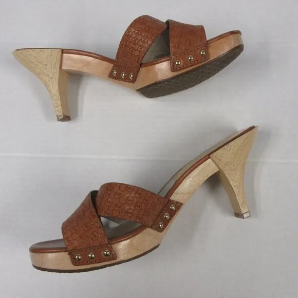 MICHAEL KORS Amelie Mule Sandal Sz 9 Luggage Brown Leather Wood Heel Slide Shoes