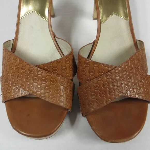 MICHAEL KORS Amelie Mule Sandal Sz 9 Luggage Brown Leather Wood Heel Slide Shoes