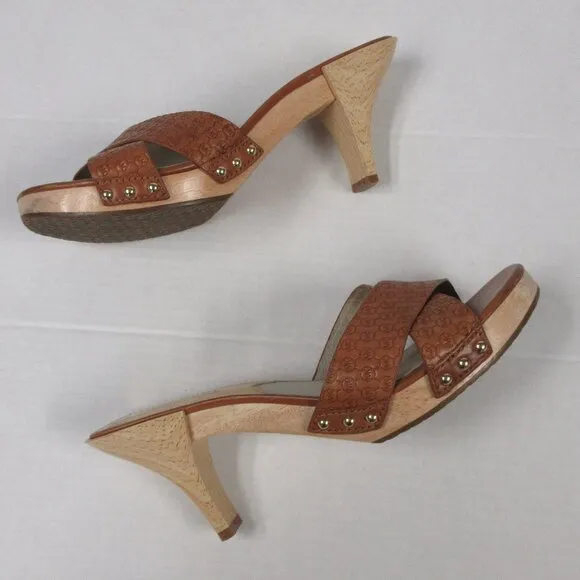 MICHAEL KORS Amelie Mule Sandal Sz 9 Luggage Brown Leather Wood Heel Slide Shoes