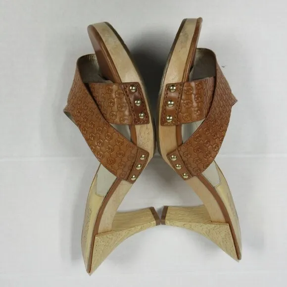 MICHAEL KORS Amelie Mule Sandal Sz 9 Luggage Brown Leather Wood Heel Slide Shoes