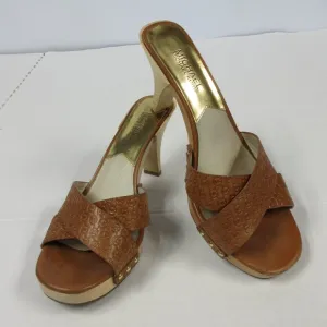 MICHAEL KORS Amelie Mule Sandal Sz 9 Luggage Brown Leather Wood Heel Slide Shoes