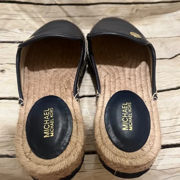 Michael Kors Hastings Espadrille Leather Navy Blue Logo Mules Shoes Slip On