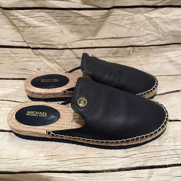 Michael Kors Hastings Espadrille Leather Navy Blue Logo Mules Shoes Slip On