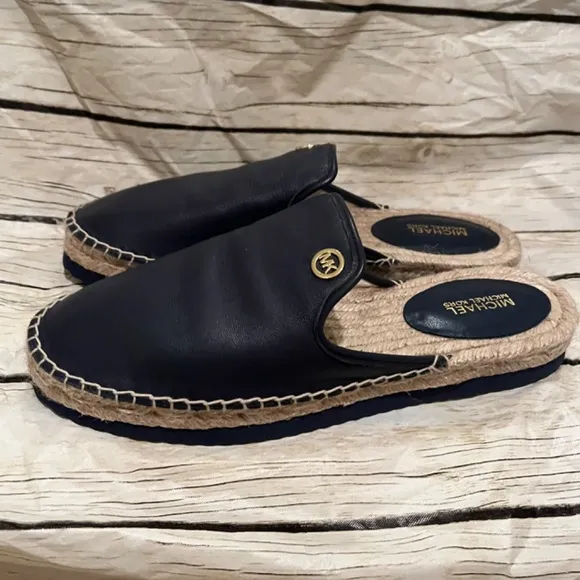 Michael Kors Hastings Espadrille Leather Navy Blue Logo Mules Shoes Slip On