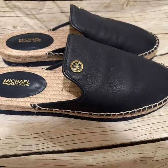 Michael Kors Hastings Espadrille Leather Navy Blue Logo Mules Shoes Slip On
