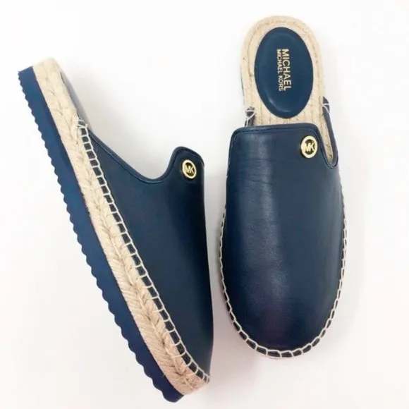 Michael Kors Hastings Espadrille Leather Navy Blue Logo Mules Shoes Slip On