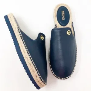 Michael Kors Hastings Espadrille Leather Navy Blue Logo Mules Shoes Slip On