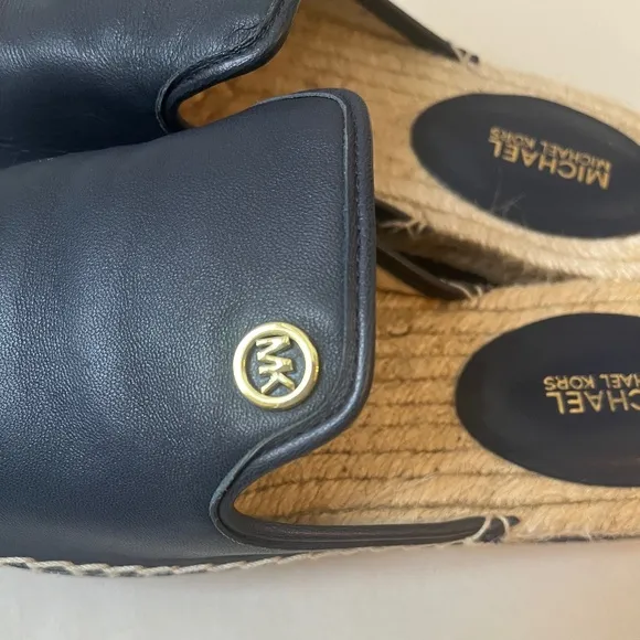 Michael Kors Hastings Espadrille Leather Navy Blue Logo Mules Shoes Slip On