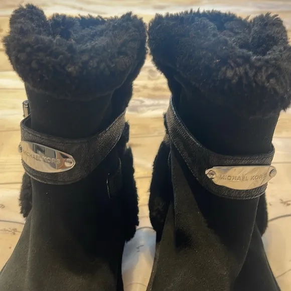 Michael Kors Women's Black Suede Ankle Boots Signature MK trim Silver Hardware