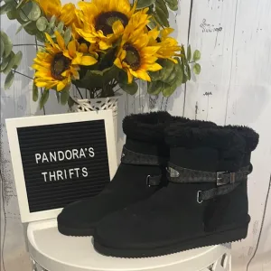 Michael Kors Women's Black Suede Ankle Boots Signature MK trim Silver Hardware