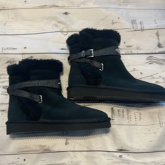 Michael Kors Women's Black Suede Ankle Boots Signature MK trim Silver Hardware