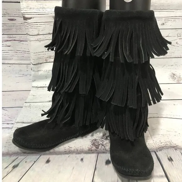 Minnetonka 3-Layer Black Fringe Boot 12&quot; tall   cowgirl western size 7