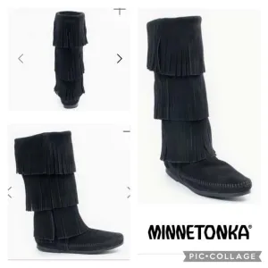 Minnetonka 3-Layer Black Fringe Boot 12&quot; tall   cowgirl western size 7