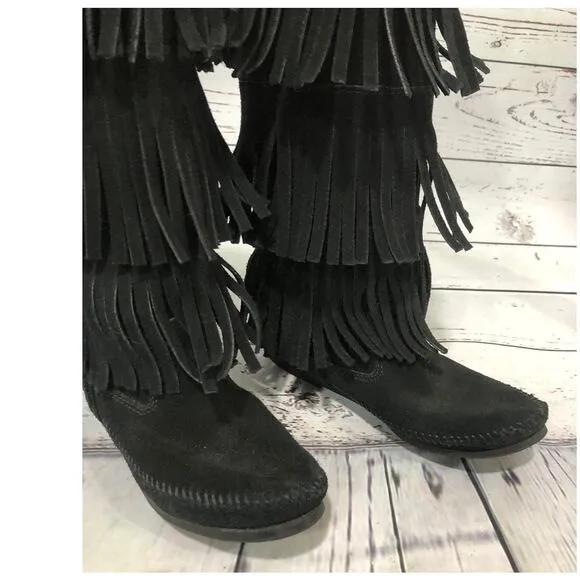 Minnetonka 3-Layer Black Fringe Boot 12&quot; tall   cowgirl western size 7