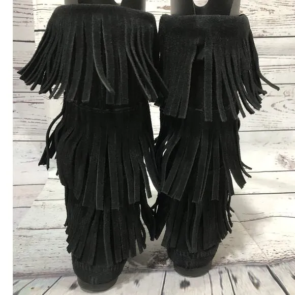 Minnetonka 3-Layer Black Fringe Boot 12&quot; tall   cowgirl western size 7