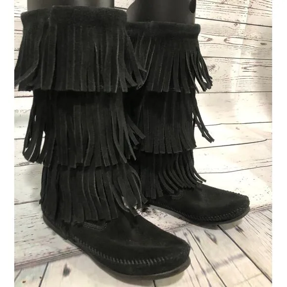 Minnetonka 3-Layer Black Fringe Boot 12&quot; tall   cowgirl western size 7