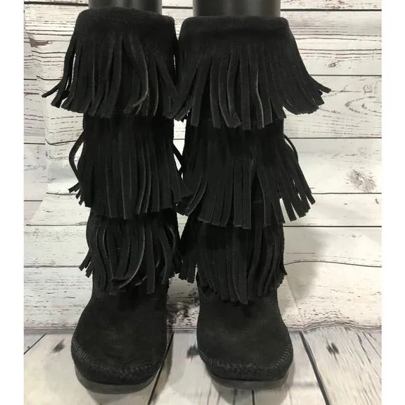 Minnetonka 3-Layer Black Fringe Boot 12&quot; tall   cowgirl western size 7