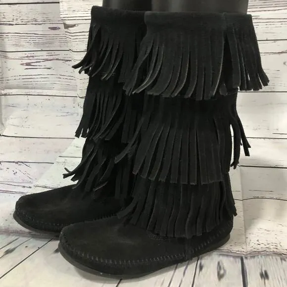 Minnetonka 3-Layer Black Fringe Boot 12&quot; tall   cowgirl western size 7