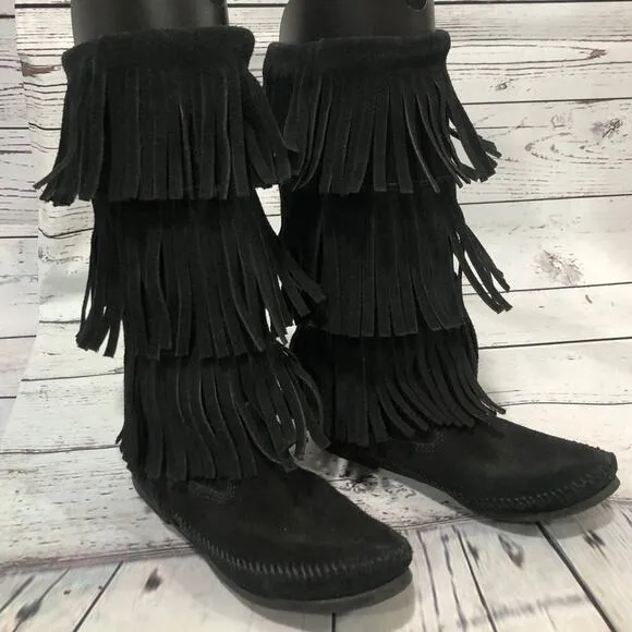 Minnetonka 3-Layer Black Fringe Boot 12&quot; tall   cowgirl western size 7