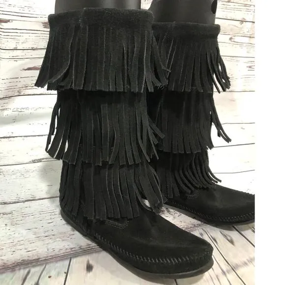 Minnetonka 3-Layer Black Fringe Boot 12&quot; tall   cowgirl western size 7