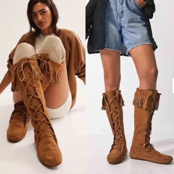 MInnetonka Front Lace Knee High Moccasin Boots In Carmel Suede - 8 Boho Festival