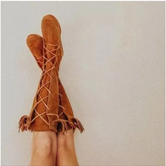 Minnetonka Women's Brown Suede Fringe Knee-High Lace Up Boots Size 8.5