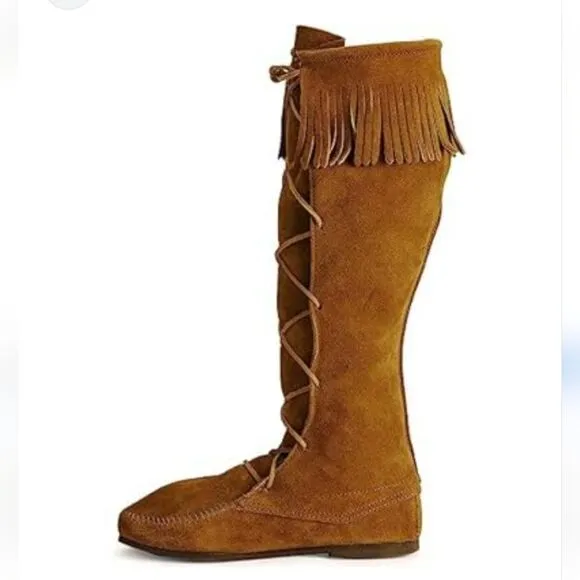Minnetonka Women's Brown Suede Fringe Knee-High Lace Up Boots Size 8.5