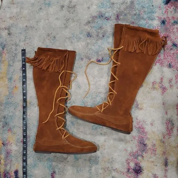 Minnetonka Women's Brown Suede Fringe Knee-High Lace Up Boots Size 8.5