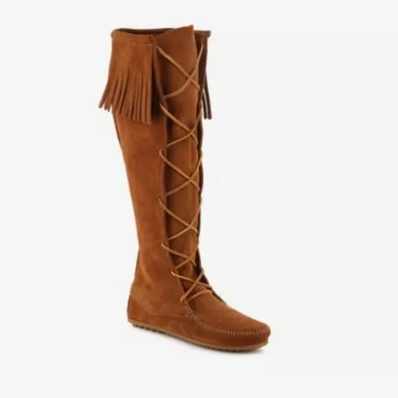Minnetonka Women's Brown Suede Fringe Knee-High Lace Up Boots Size 8.5