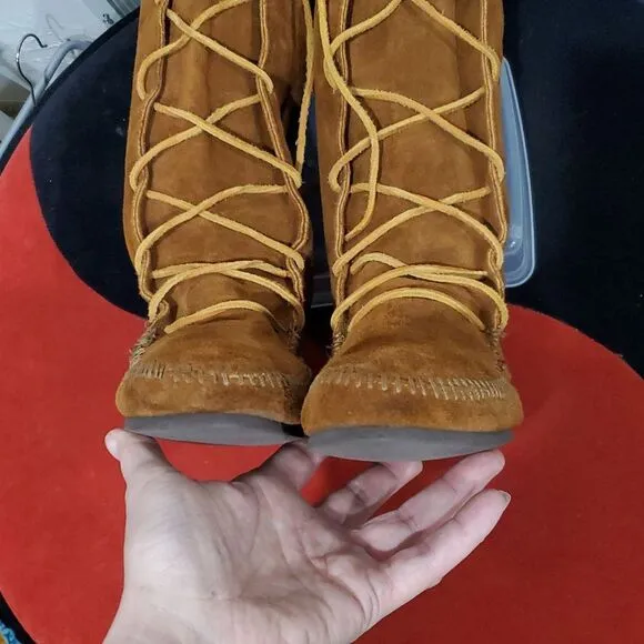 Minnetonka Women's Brown Suede Fringe Knee-High Lace Up Boots Size 8.5