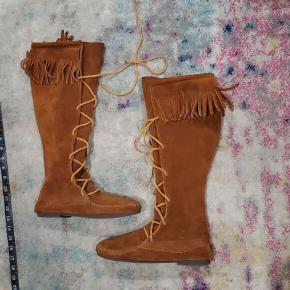 Minnetonka Women's Brown Suede Fringe Knee-High Lace Up Boots Size 8.5