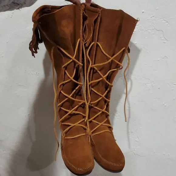 Minnetonka Women's Brown Suede Fringe Knee-High Lace Up Boots Size 8.5