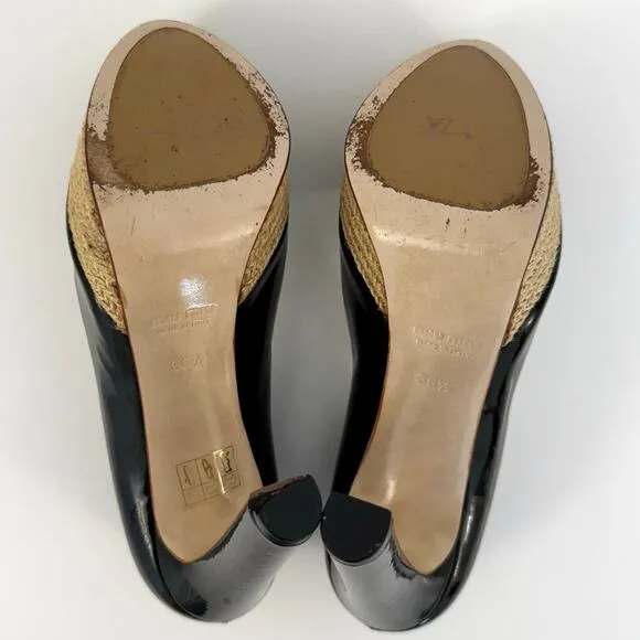 Miu Miu Patent Leather Pump Braided Jute Platform Sandals Shoes Black 36.5 US6.5