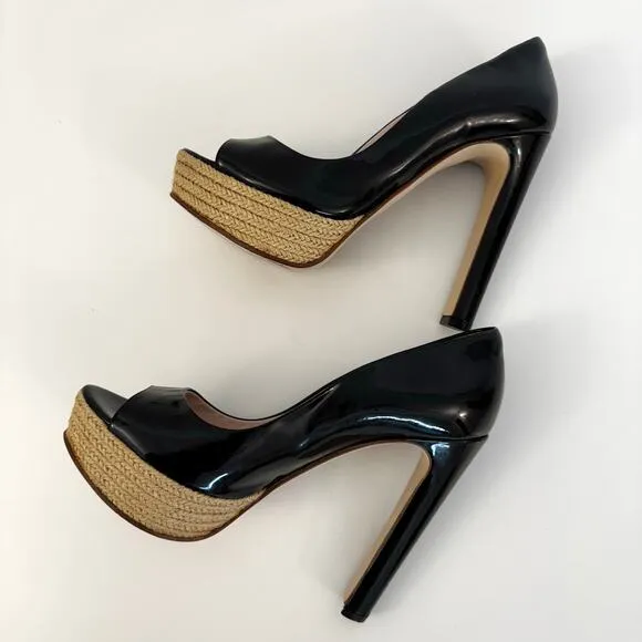 Miu Miu Patent Leather Pump Braided Jute Platform Sandals Shoes Black 36.5 US6.5