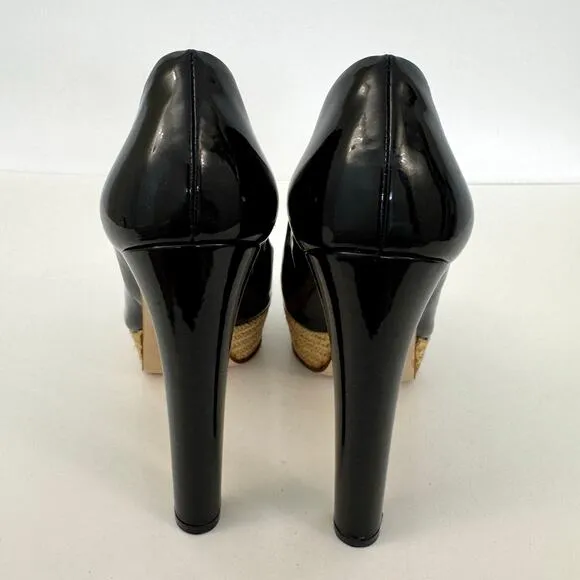 Miu Miu Patent Leather Pump Braided Jute Platform Sandals Shoes Black 36.5 US6.5