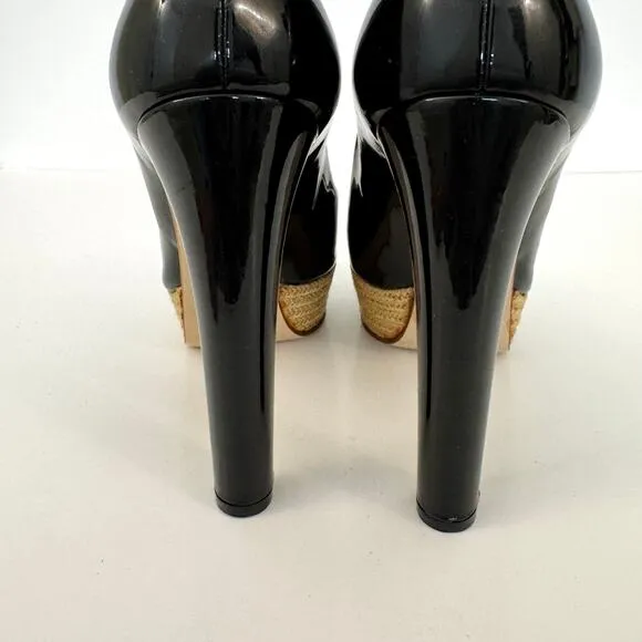 Miu Miu Patent Leather Pump Braided Jute Platform Sandals Shoes Black 36.5 US6.5